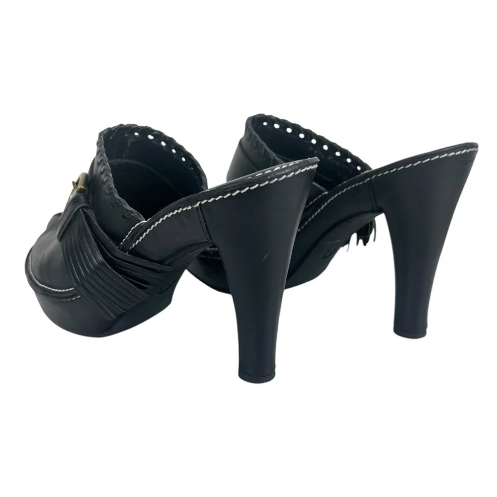 Coach Women 9B Katryna Black Leather 4.5” Heeled Mules‎ Clog Buckle & Fringe